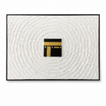 Modern Kaaba wall art with textured white background and black frame.