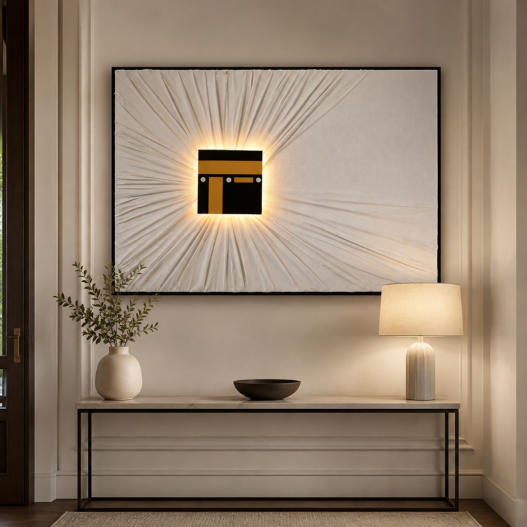 Modern illuminated Kaaba wall art in a luxury home setting.