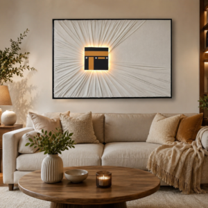 Modern living room with illuminated Kaaba wall art and luxury decor.