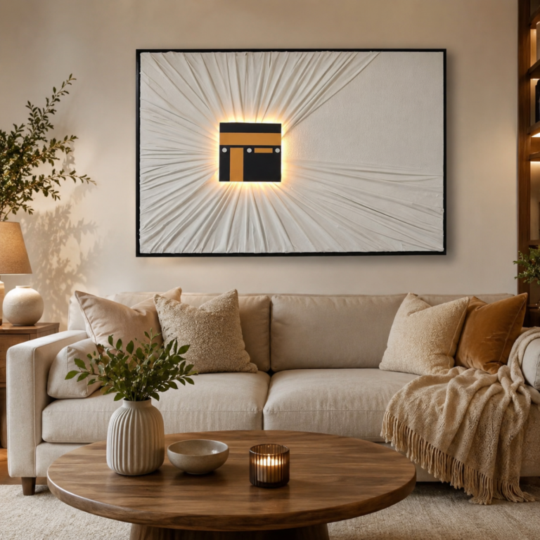 Modern living room with illuminated Kaaba wall art and luxury decor.