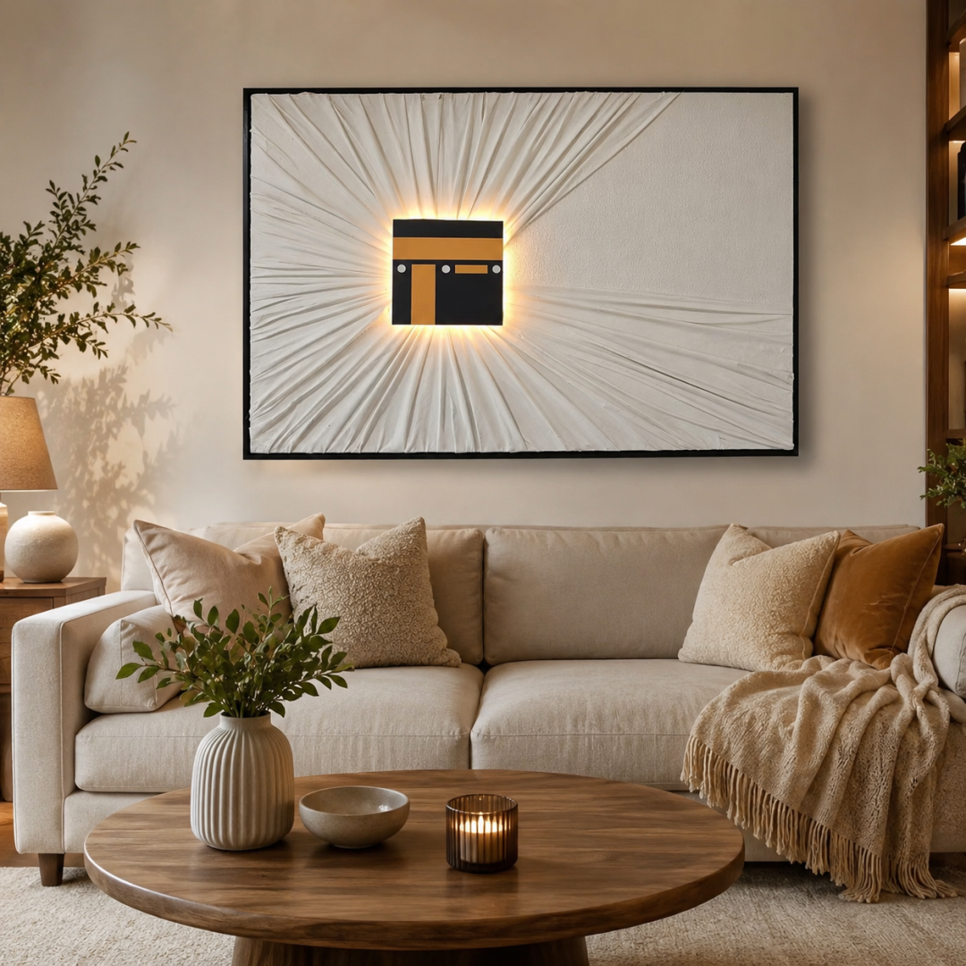 Modern living room with illuminated Kaaba wall art and luxury decor.