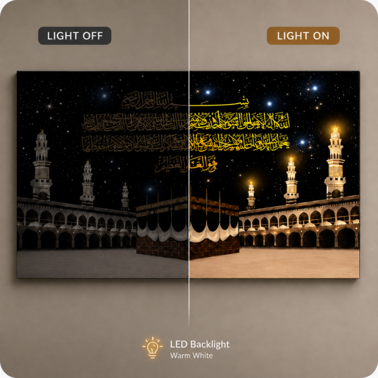 LED illuminated Islamic wall art with Arabic calligraphy and mosque imagery.
