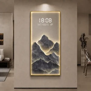 Luxury LED illuminated wall art with mountain design in modern home decor setting.