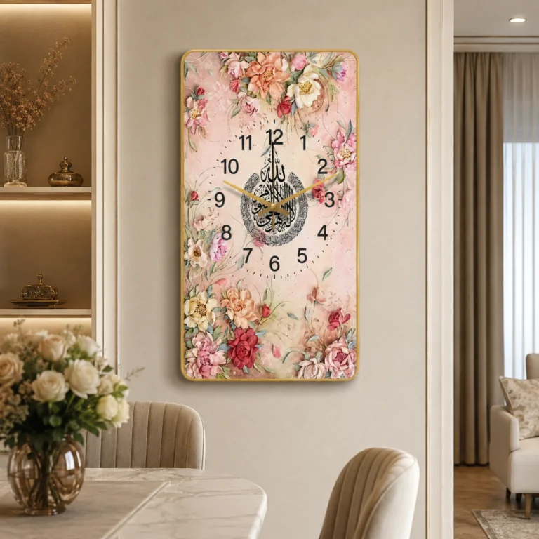 Luxury floral wall clock with Arabic calligraphy in a modern home setting.