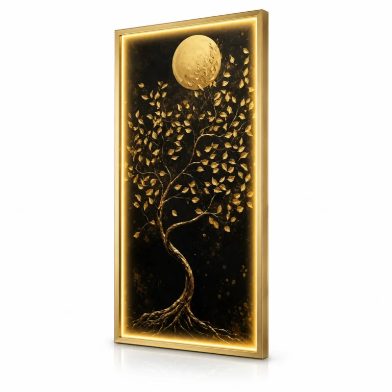 Luxury illuminated wall art with tree and moon design, modern home decor.