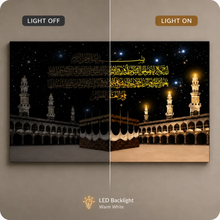 LED illuminated Islamic wall art with Arabic calligraphy and mosque imagery.
