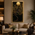 Luxury illuminated wall art with tree and moon in modern living room decor.