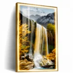 Illuminated LED wall art with waterfall scene, framed in gold, modern home decor.