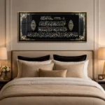 Luxury Islamic wall art with Arabic calligraphy in a modern bedroom setting.