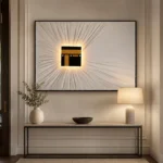 Modern illuminated Kaaba wall art in a luxury home setting.