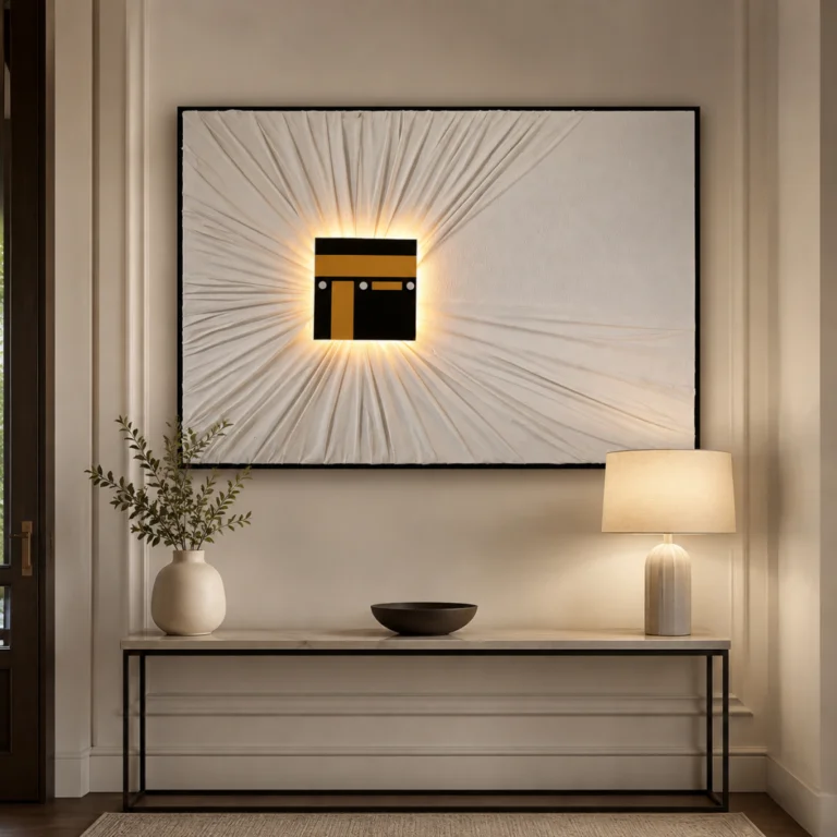 Modern illuminated Kaaba wall art in a luxury home setting.