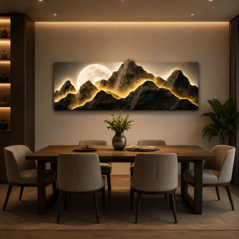 Modern luxury dining room with illuminated mountain wall art and elegant decor.