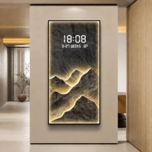 Illuminated modern wall art with LED display in a luxury home setting.