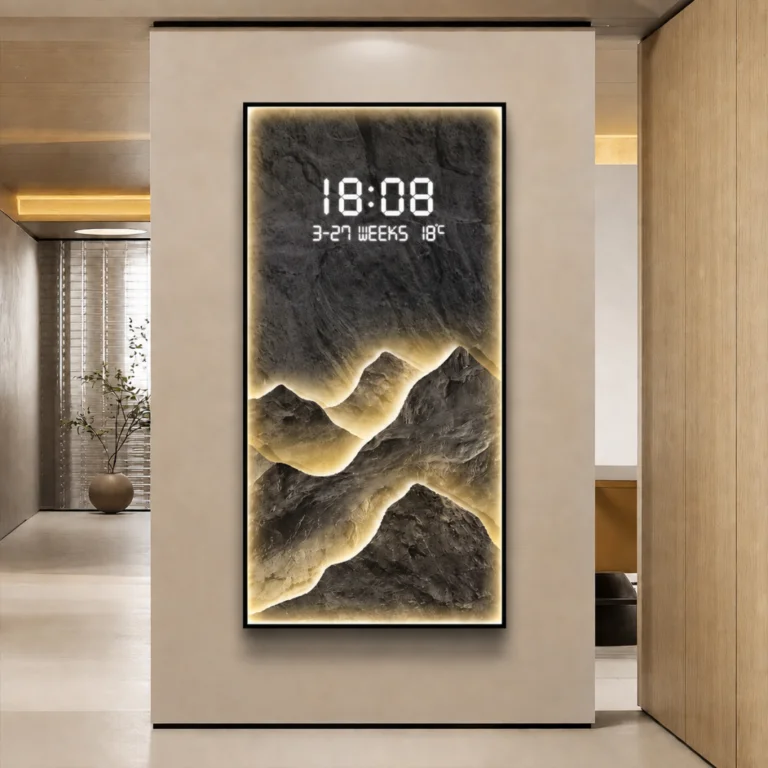 Illuminated modern wall art with LED display in a luxury home setting.