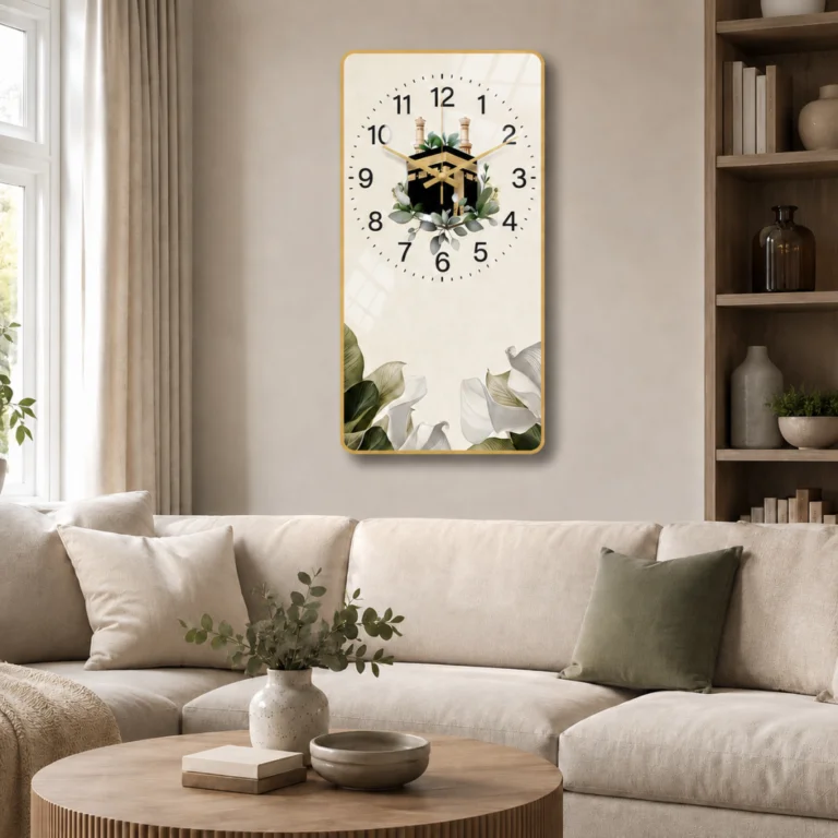 Modern luxury living room with Kaaba wall clock, decorative vases, and neutral decor.