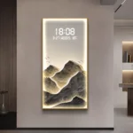 LED illuminated wall art with mountain design and digital clock, modern home decor.