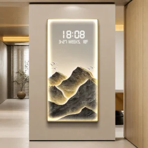 Modern LED wall art with illuminated mountain design and digital clock display.