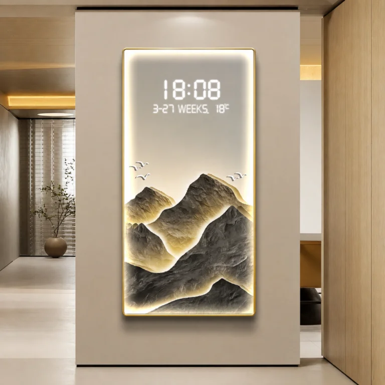 Modern LED wall art with illuminated mountain design and digital clock display.