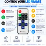 Remote control for LED frame with adjustable brightness and lighting effects.