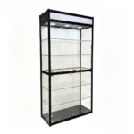 Black aluminum framed glass showcase with LED lighting for modern home decor.