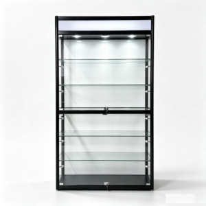 Black round frame glass showcase for modern home decor and luxury displays.