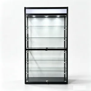 Black round frame glass showcase for modern home decor and luxury displays.