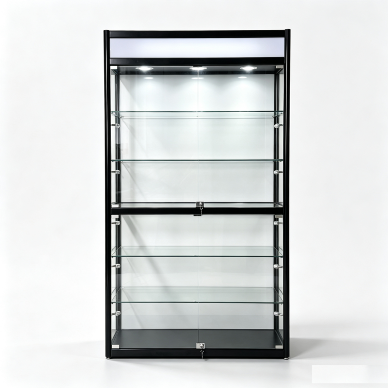 Black round frame glass showcase for modern home decor and luxury displays.