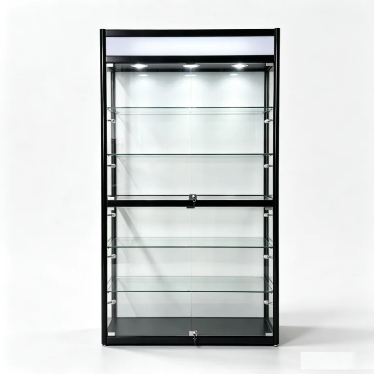 Black round frame glass showcase for modern home decor and luxury displays.