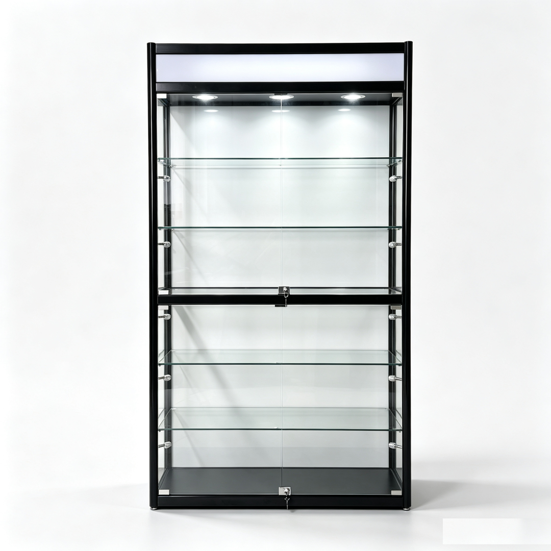 Black round frame glass showcase for modern home decor and luxury displays.