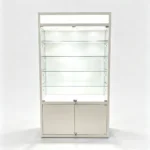 Modern white display cabinet with glass shelves and LED lighting.