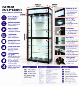 Premium display cabinet with LED lighting, glass shelves, and lockable doors for modern home decor.
