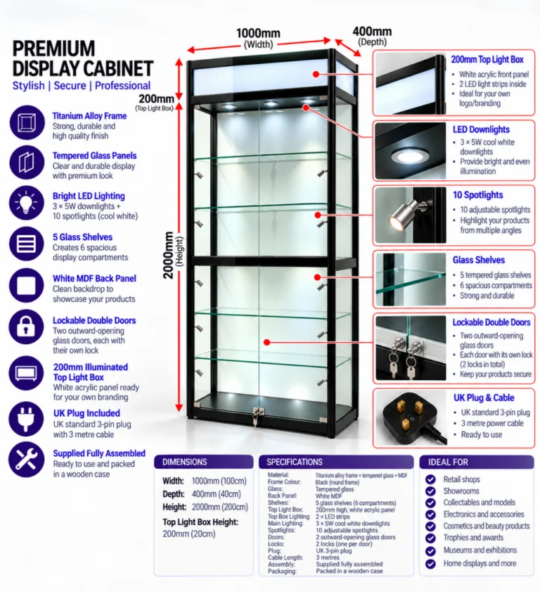 Premium display cabinet with LED lighting, glass shelves, and lockable doors for modern home decor.