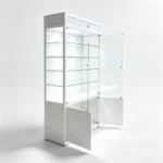 White display cabinet with glass shelves and open doors, ideal for modern home decor and showcasing decorative accessories.