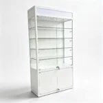Modern white display cabinet with glass shelves for home decor and accessories.
