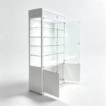 White square frame showcase with glass shelves and doors for modern home decor.