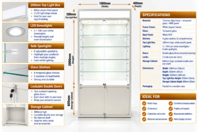 White square frame showcase with LED lighting and glass shelves for modern home decor.
