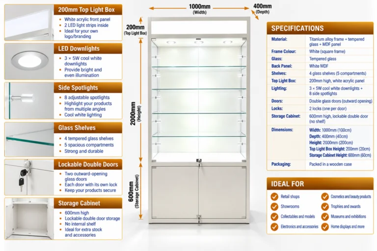 White square frame showcase with LED lighting and glass shelves for modern home decor.
