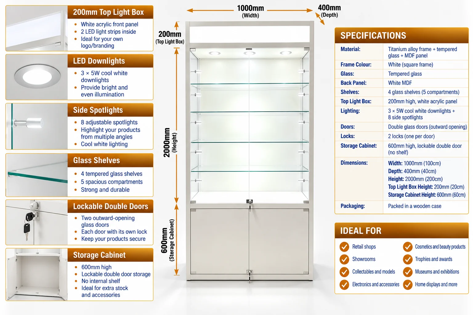 LED Showcase with Glass Shelves White square frame showcase with LED lighting and glass shelves for modern home decor.