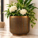 Large Plant Pot 33cm - Antique Bronze & Black Ribbed Round Planter with Vintage Metal Effect for Indoor & Outdoor Use - Image 5