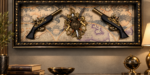 Vintage Replica Gun Wall Art 89x39cm – Luxury 3D Antique Pistol Shadow Box with Gold Heraldic Crest, Vintage Map & Ornate Polcore Frame - Image 3