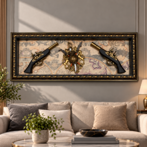 Vintage replica gun wall art 90x40cm with two antique-style pistols, gold heraldic crest and ornate black gold frame
