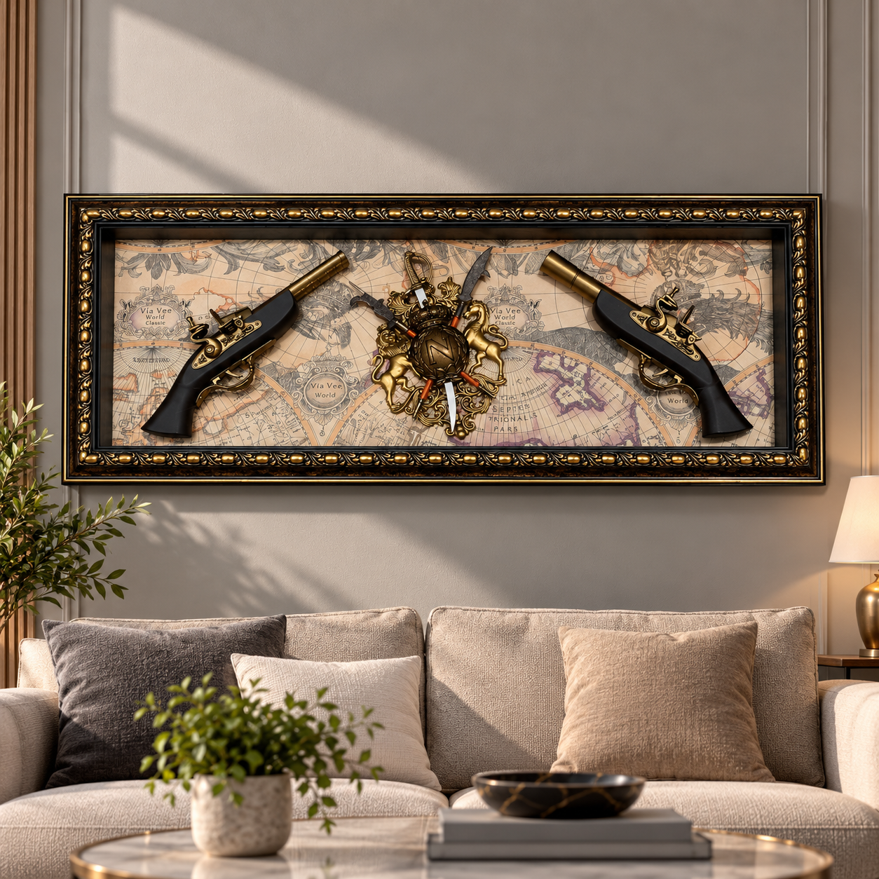 Vintage replica gun wall art 90x40cm with two antique-style pistols, gold heraldic crest and ornate black gold frame