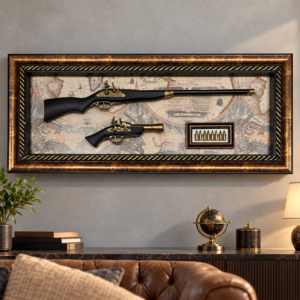 Vintage replica gun wall art 113x50cm with antique-style rifle, pistol, six framed decorative bullets and ornate gold frame
