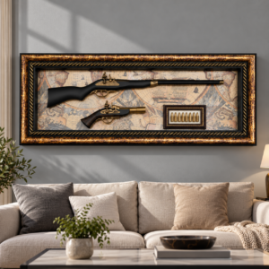 Vintage replica gun wall art 113x50cm with antique rifle, pistol, six decorative bullets and ornate gold frame