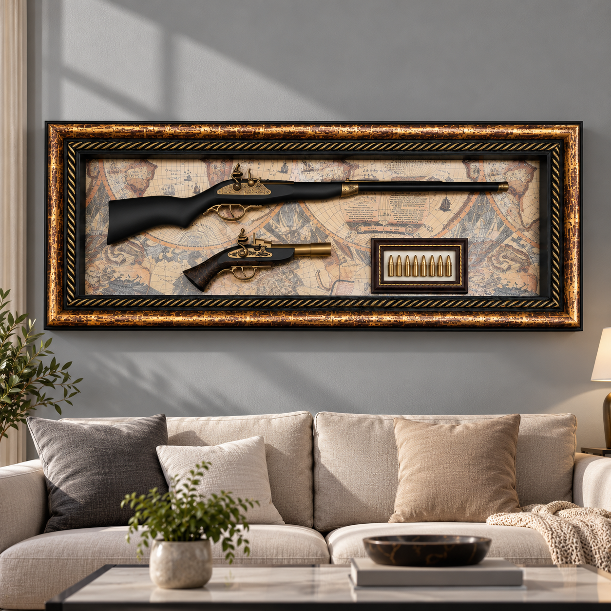 Vintage replica gun wall art 113x50cm with antique rifle, pistol, six decorative bullets and ornate gold frame