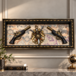 Vintage Replica Gun Wall Art 89x39cm – Luxury 3D Antique Pistol Shadow Box with Gold Heraldic Crest, Vintage Map & Ornate Polcore Frame