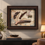 Vintage Replica Gun Wall Art 50x40cm – Luxury 3D Antique Pistol & Revolver Shadow Box with Vintage Map & Bronze Polcore Frame