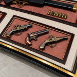 Vintage Replica Gun Wall Art 80x58cm – Luxury 3D Antique Pistol Shadow Box with Four Decorative Guns, Bullets & Gold Polcore Frame - Image 3