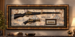 Vintage Replica Gun Wall Art 113x50cm – Luxury 3D Antique Rifle & Pistol Shadow Box with Vintage Map & Ornate Gold Polcore Frame