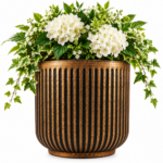 Large Plant Pot 33cm - Antique Bronze & Black Ribbed Round Planter with Vintage Metal Effect for Indoor & Outdoor Use